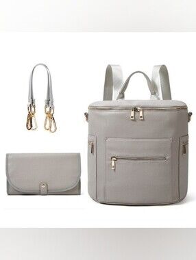 Miss Fong Grey Leather Convertible Diaper Bag Backpack ((Fawn))